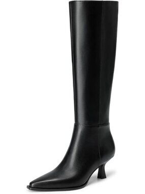 DREAM PAIRS Women's Black-pu Knee High Kitten Heel Boots Pointed Toe Kitten Heel